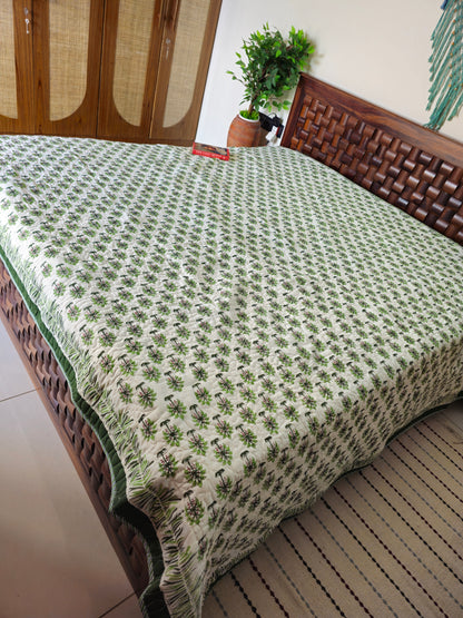 Green Palm Tree & Floral Motif | Hand Block Printed Reversible AC Quilt | 100% Cotton Bedcover