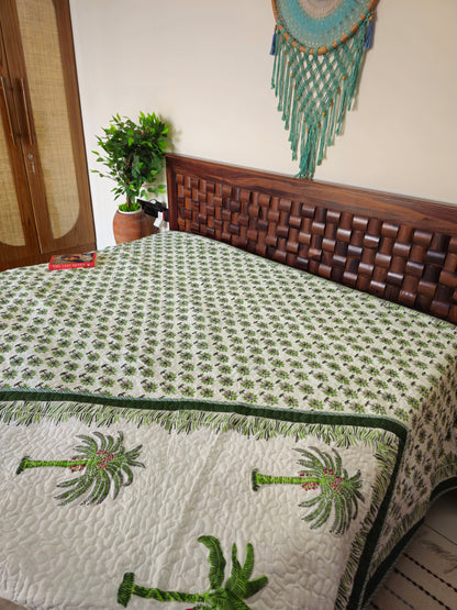 Green Palm Tree & Floral Motif | Hand Block Printed Reversible AC Quilt | 100% Cotton Bedcover