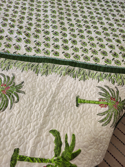 Green Palm Tree & Floral Motif | Hand Block Printed Reversible AC Quilt | 100% Cotton Bedcover