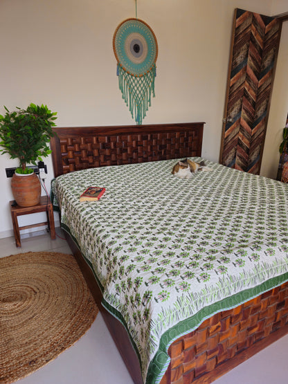 Green Palm Tree & Floral Motif | Hand Block Printed Reversible AC Quilt | 100% Cotton Bedcover