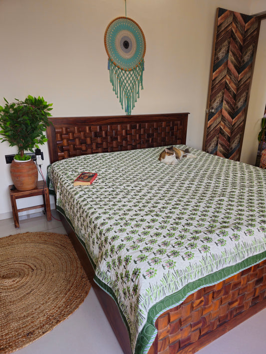 Green Palm Tree & Floral Motif | Hand Block Printed Reversible AC Quilt | 100% Cotton Bedcover