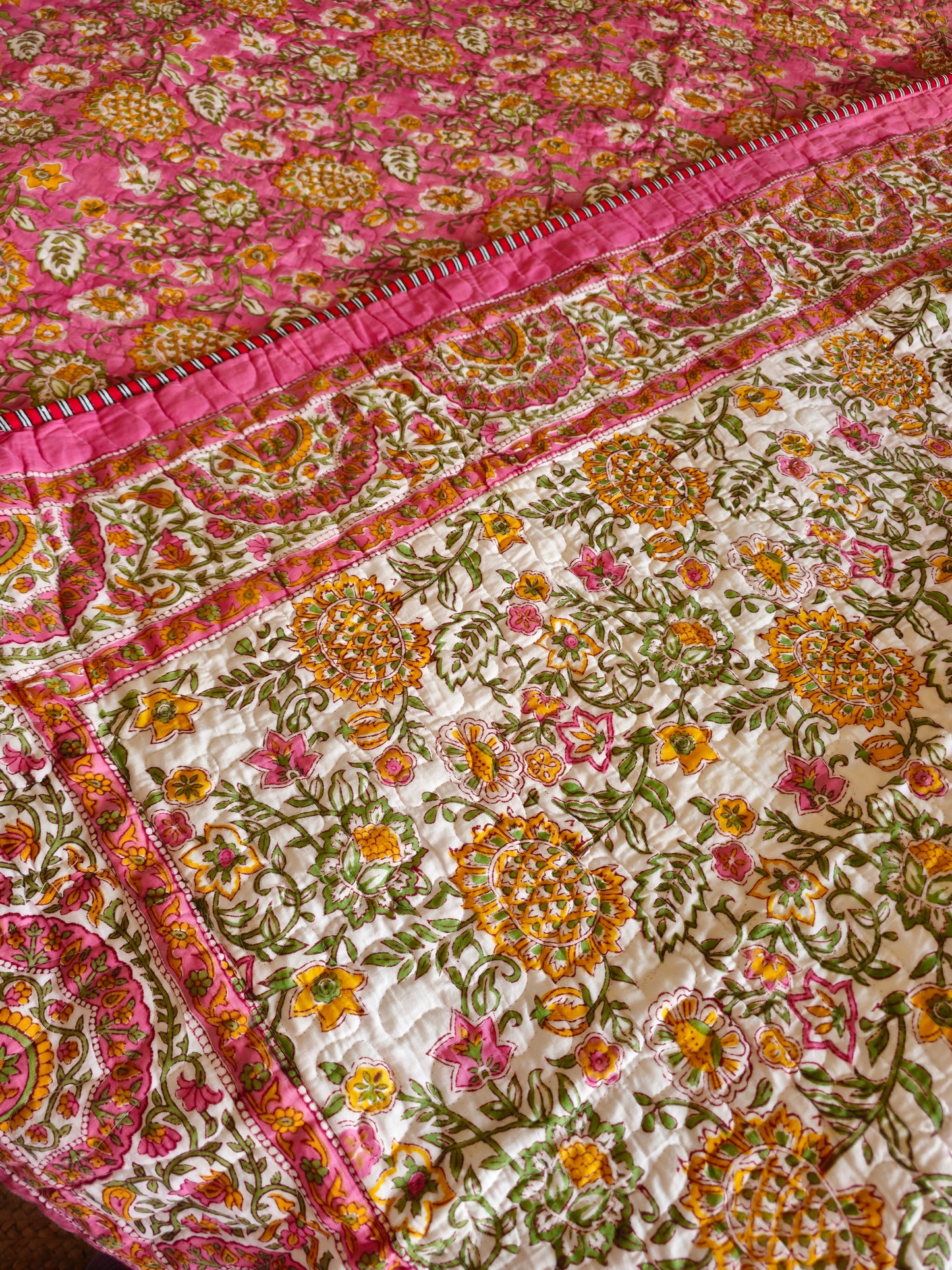 Pink & Off-White Floral Cotton Bedcover | Hand Block Printed Reversible AC Quilt | Multicolour Accents