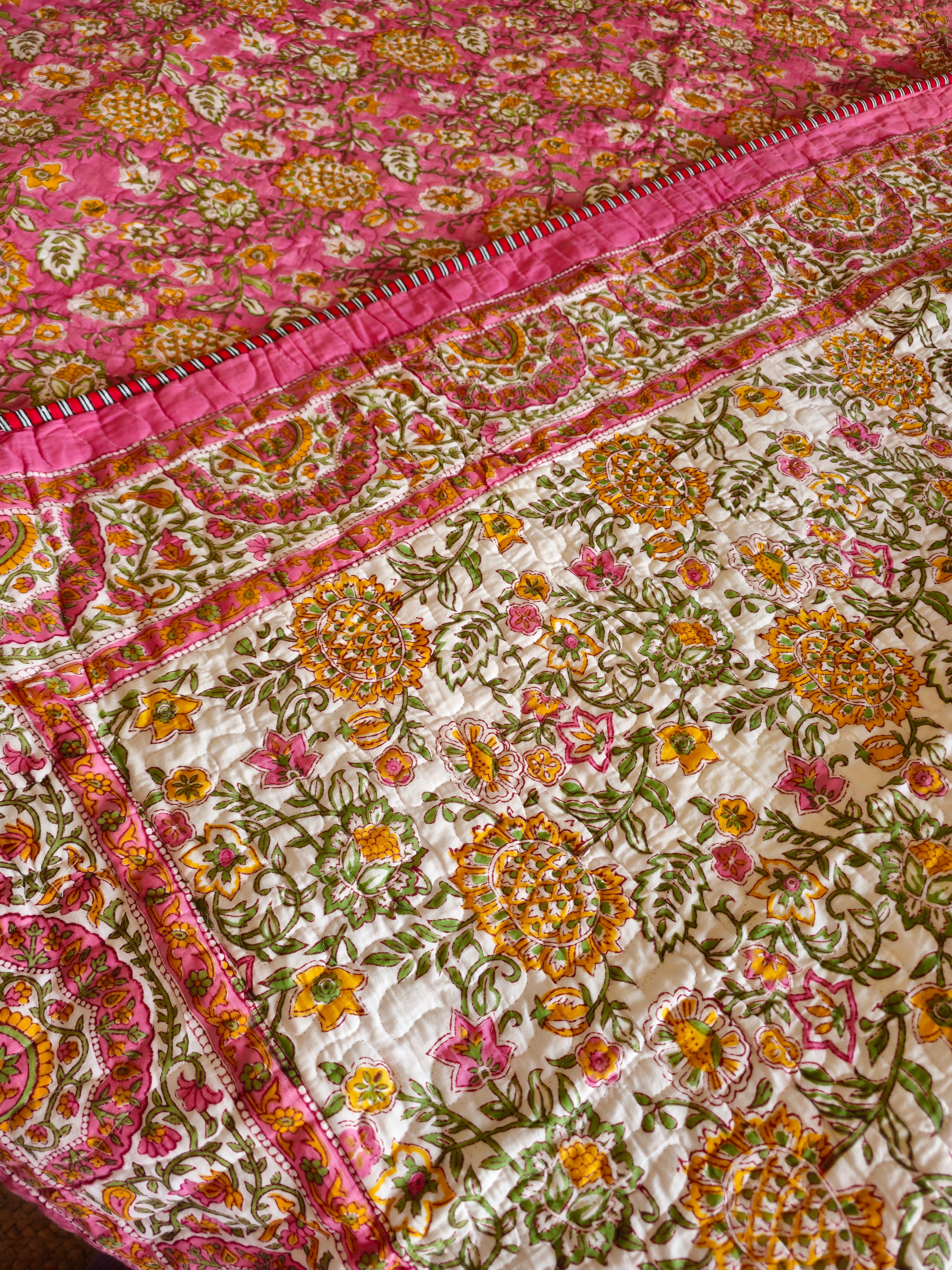 Pink & Off-White Floral Cotton Bedcover | Hand Block Printed Reversible AC Quilt | Multicolour Accents
