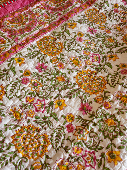 Pink & Off-White Floral Cotton Bedcover | Hand Block Printed Reversible AC Quilt | Multicolour Accents