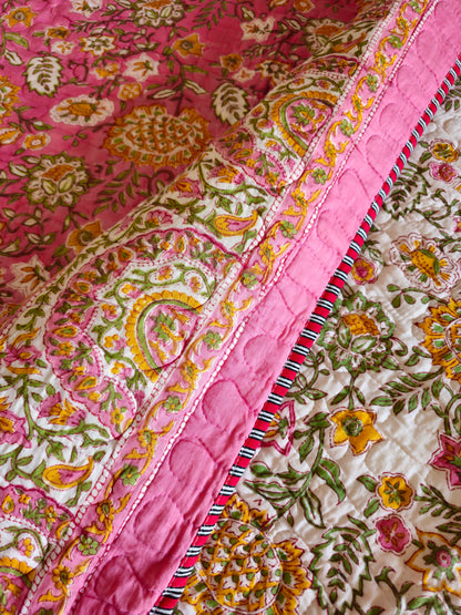 Pink & Off-White Floral Cotton Bedcover | Hand Block Printed Reversible AC Quilt | Multicolour Accents