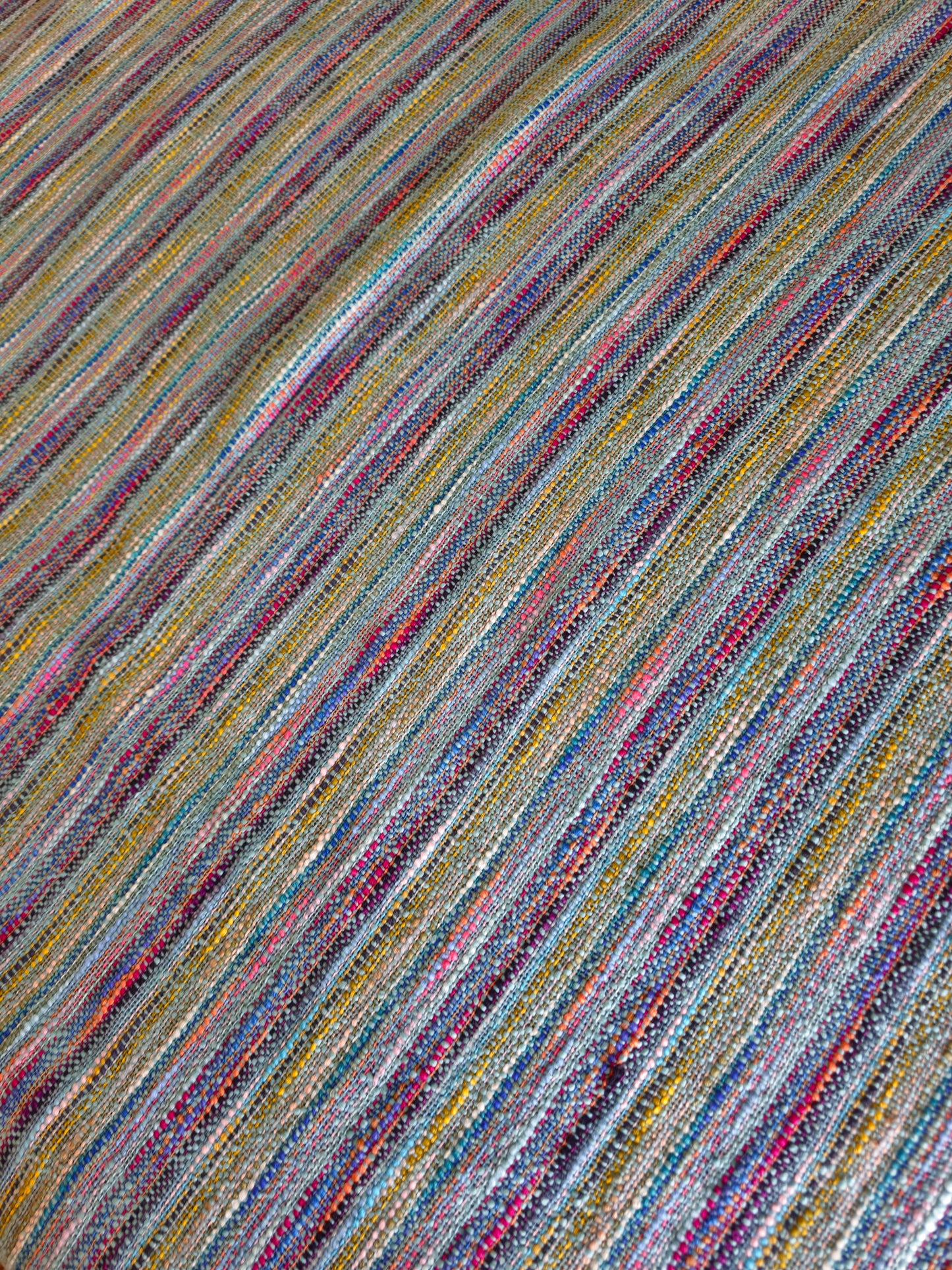 Textured Teal Throw with Multicolour Woven Stripes & Tassels | Handloom Slub Cotton Bedcover