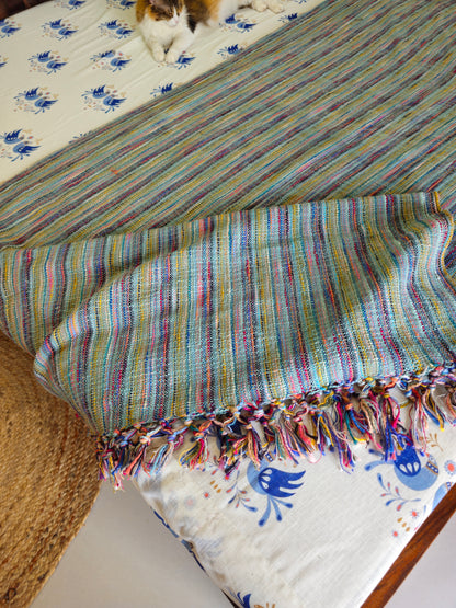 Textured Teal Throw with Multicolour Woven Stripes & Tassels | Handloom Slub Cotton Bedcover