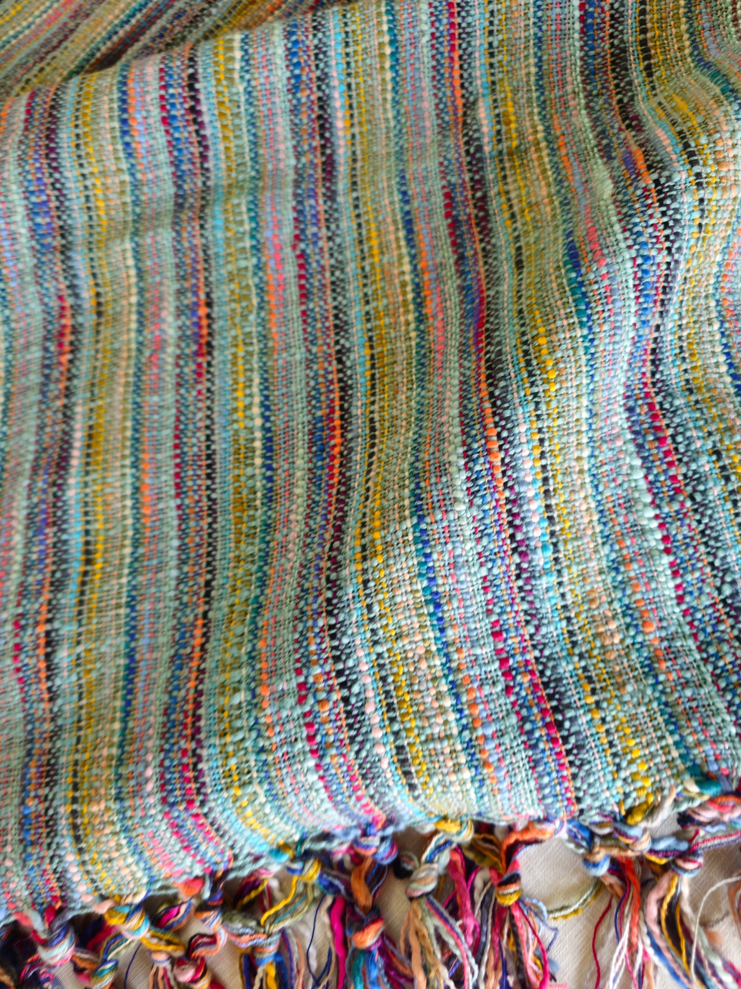 Textured Teal Throw with Multicolour Woven Stripes & Tassels | Handloom Slub Cotton Bedcover