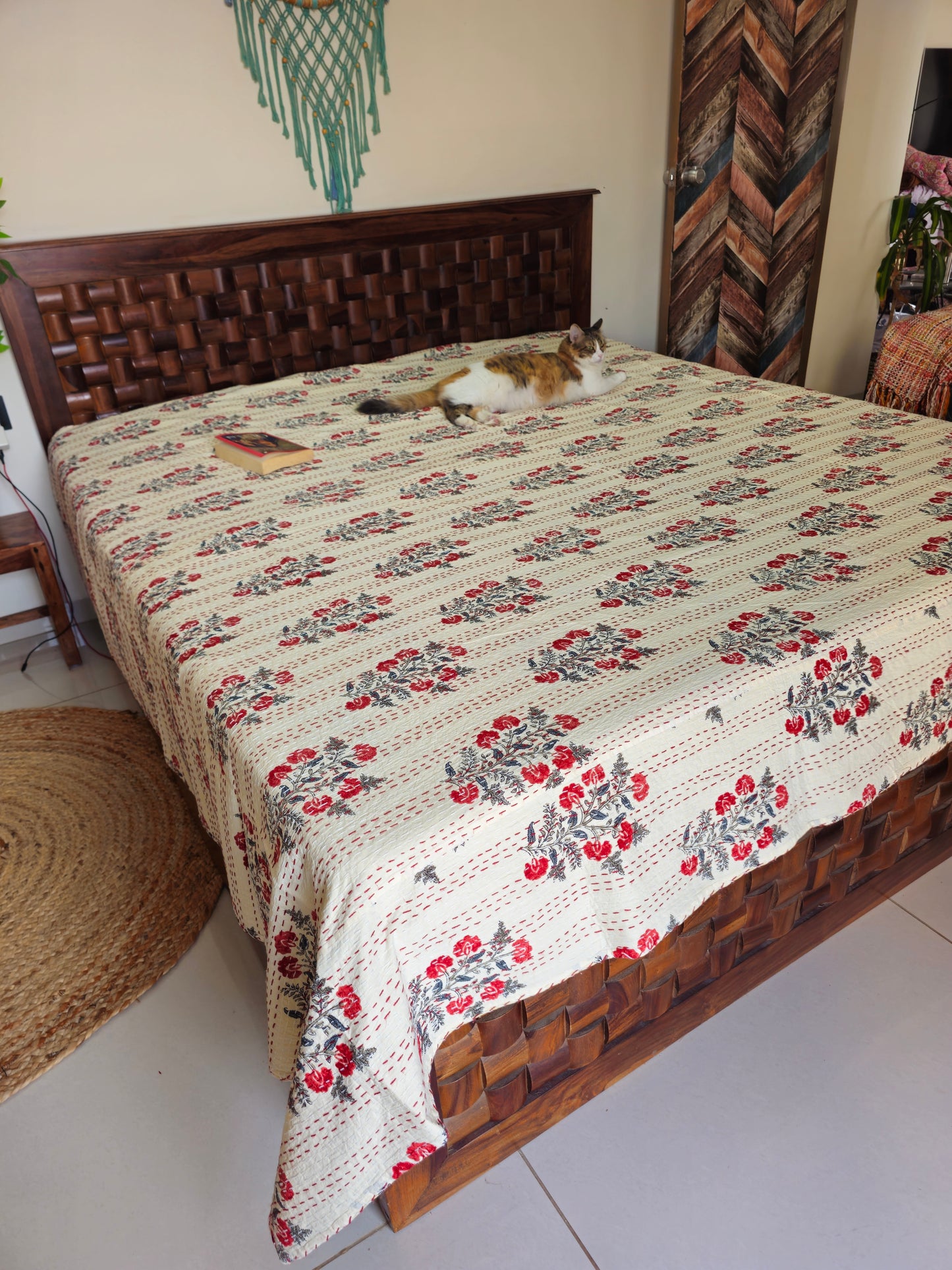 Beige/Pale Yellow with Red Floral Motif Quilt | Handmade Kantha Stitch Cotton Bedcover | Reversible
