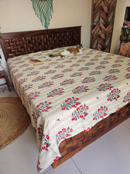 Beige/Pale Yellow with Red Floral Motif Quilt | Handmade Kantha Stitch Cotton Bedcover | Reversible