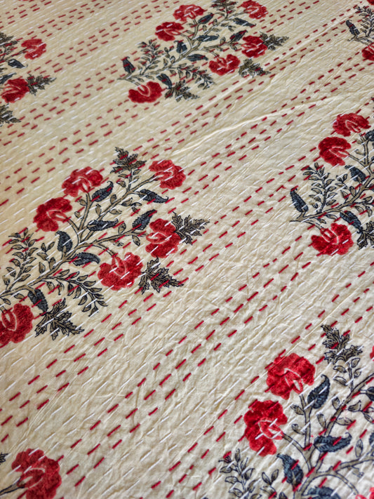 Beige/Pale Yellow with Red Floral Motif Quilt | Handmade Kantha Stitch Cotton Bedcover | Reversible
