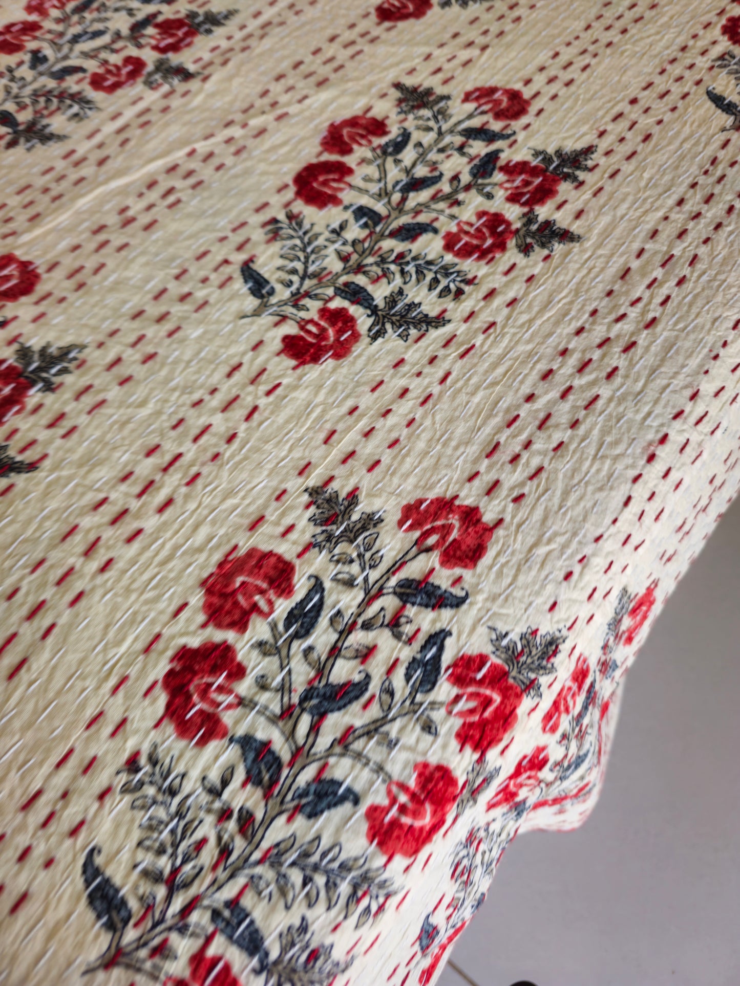 Beige/Pale Yellow with Red Floral Motif Quilt | Handmade Kantha Stitch Cotton Bedcover | Reversible