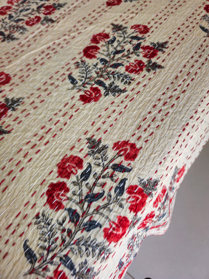 Beige/Pale Yellow with Red Floral Motif Quilt | Handmade Kantha Stitch Cotton Bedcover | Reversible
