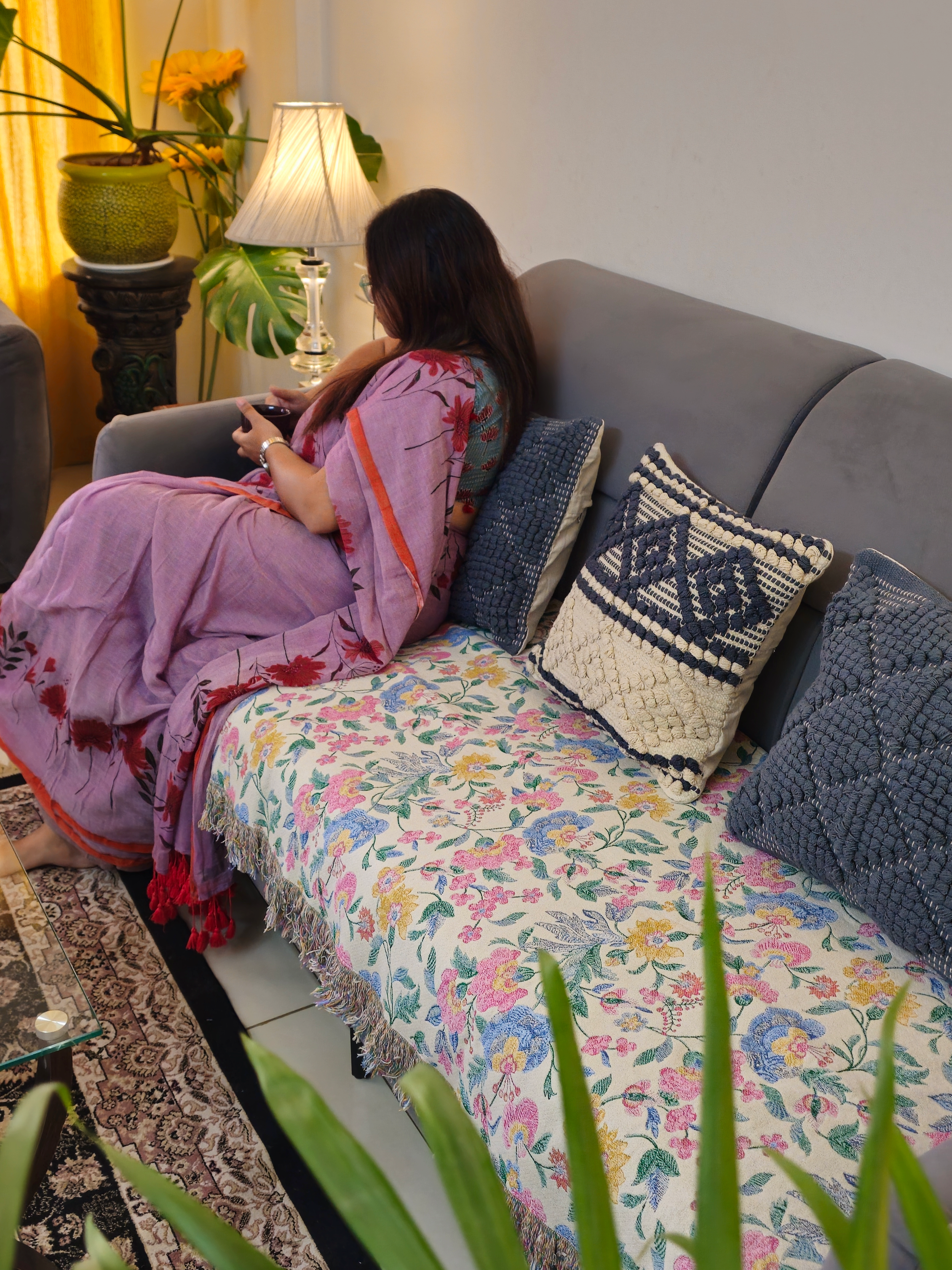 Off-White Pastel Floral Motif Sofa Cover with Multicolour Fringe | Thick Handloom Cotton Sofa Cover Throw