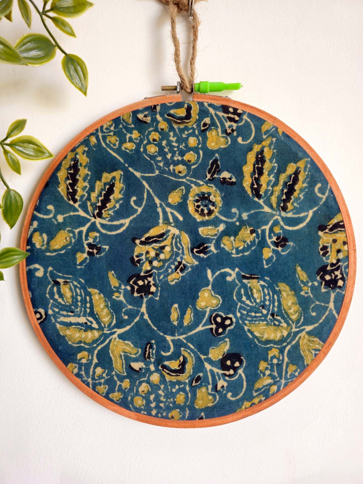 Peacock Blue Ajrakh Embroidery Hoop with Vine Motifs – Upcycled Fabric | Multiple Sizes