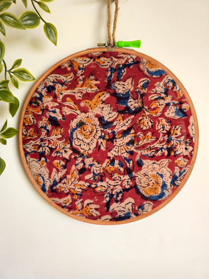 Red Kalamkari Embroidery Hoop Wall Decor – Upcycled Fabric | Multiple Sizes