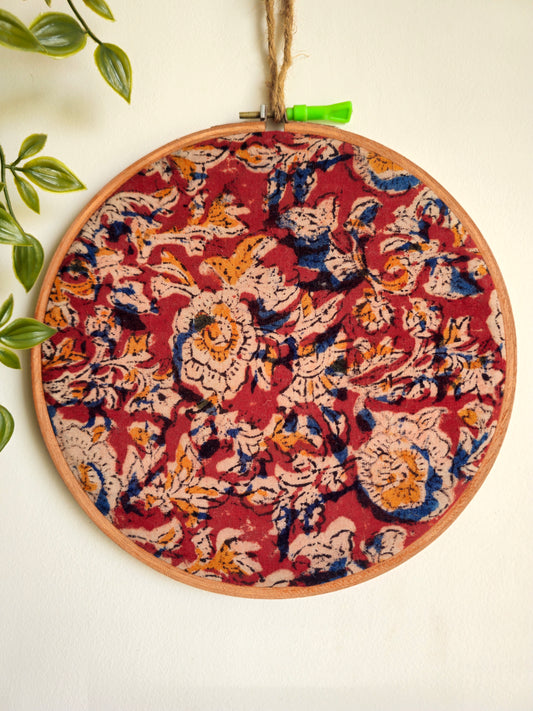 Red Kalamkari Embroidery Hoop Wall Decor – Upcycled Fabric | Multiple Sizes