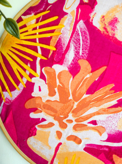 Pink Fabric with Bold Motifs Embroidery Hoop – Upcycled Fabric | Multiple Sizes