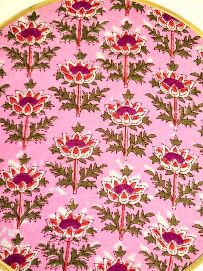 Pink Floral Lotus Motif Embroidery Hoop – Upcycled Fabric | Multiple Sizes