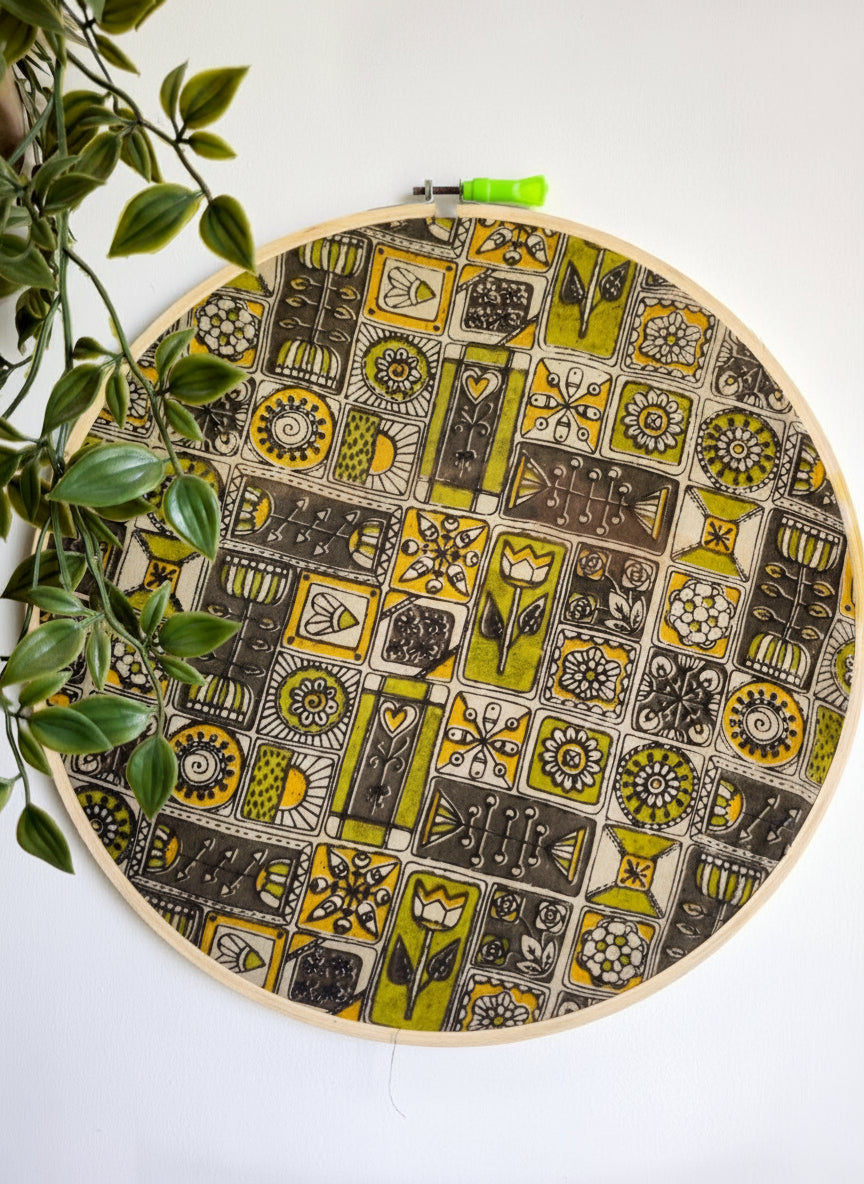 Geometric Print Ajrakh Embroidery Hoop – Abstract Mustard Yellow Shades | Upcycled Fabric | Multiple Sizes