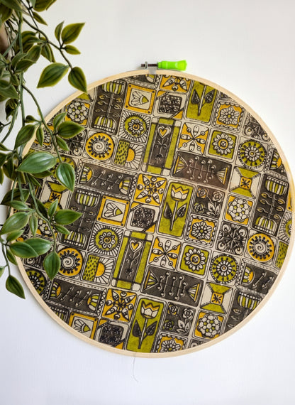 Geometric Print Ajrakh Embroidery Hoop – Abstract Mustard Yellow Shades | Upcycled Fabric | Multiple Sizes