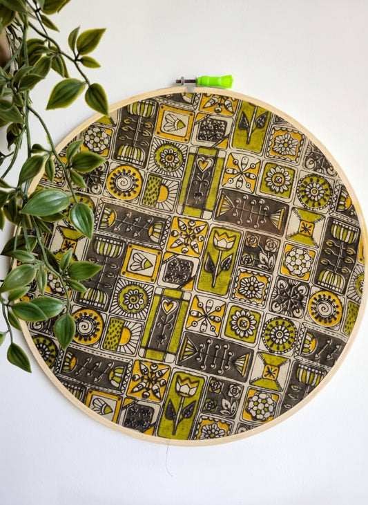 Geometric Print Ajrakh Embroidery Hoop – Abstract Mustard Yellow Shades | Upcycled Fabric | Multiple Sizes