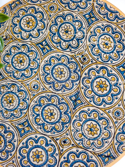 Beige Geometric & Indigo Flower Ajrakh Block Print Embroidery Hoop – Upcycled Fabric | Multiple Sizes