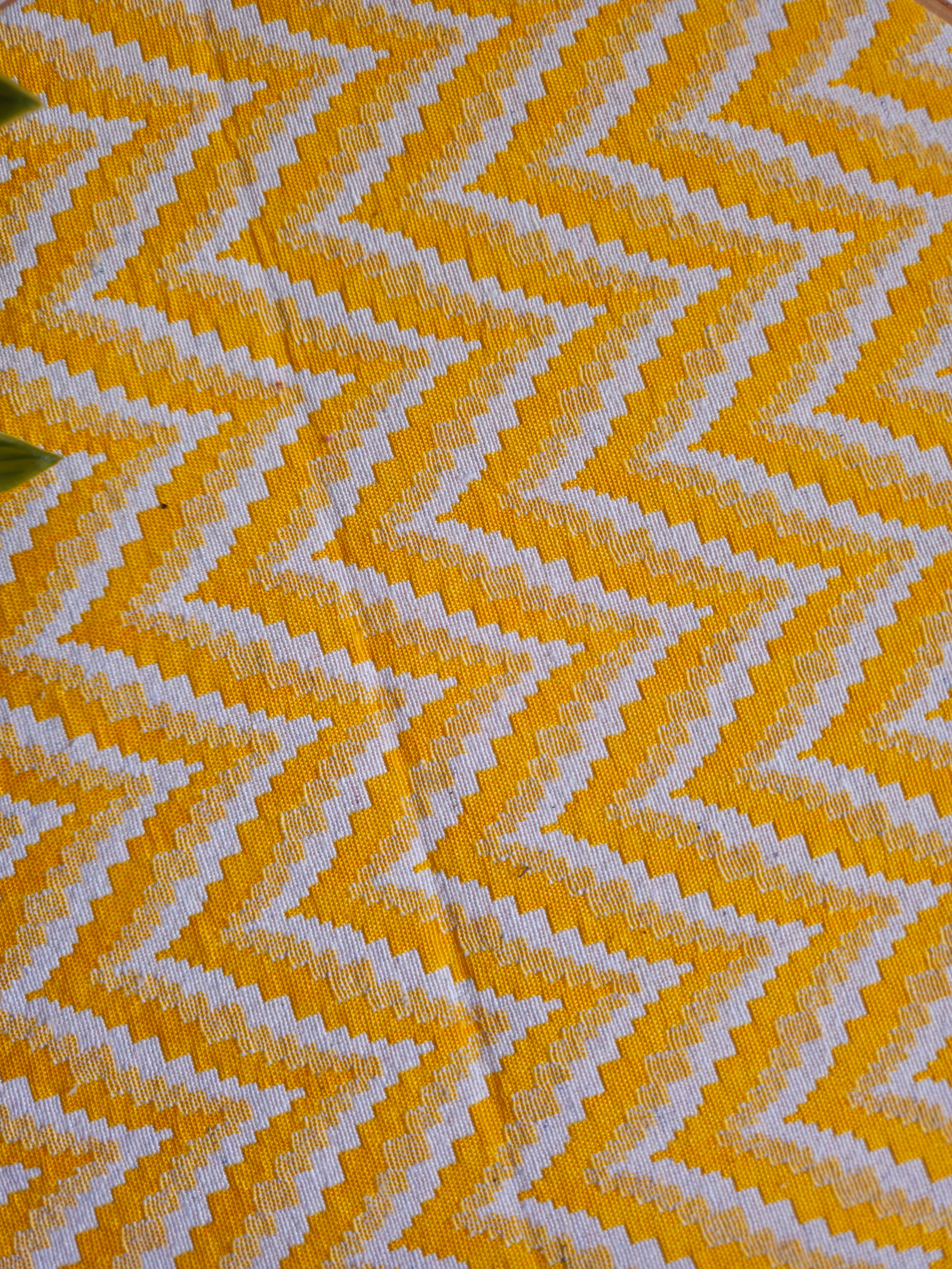 Geometric Embroidery Hoop Wall Art | 18 Inch | Handloom Yellow & White Zigzag Recycled Cotton Decor with Woollen tassels