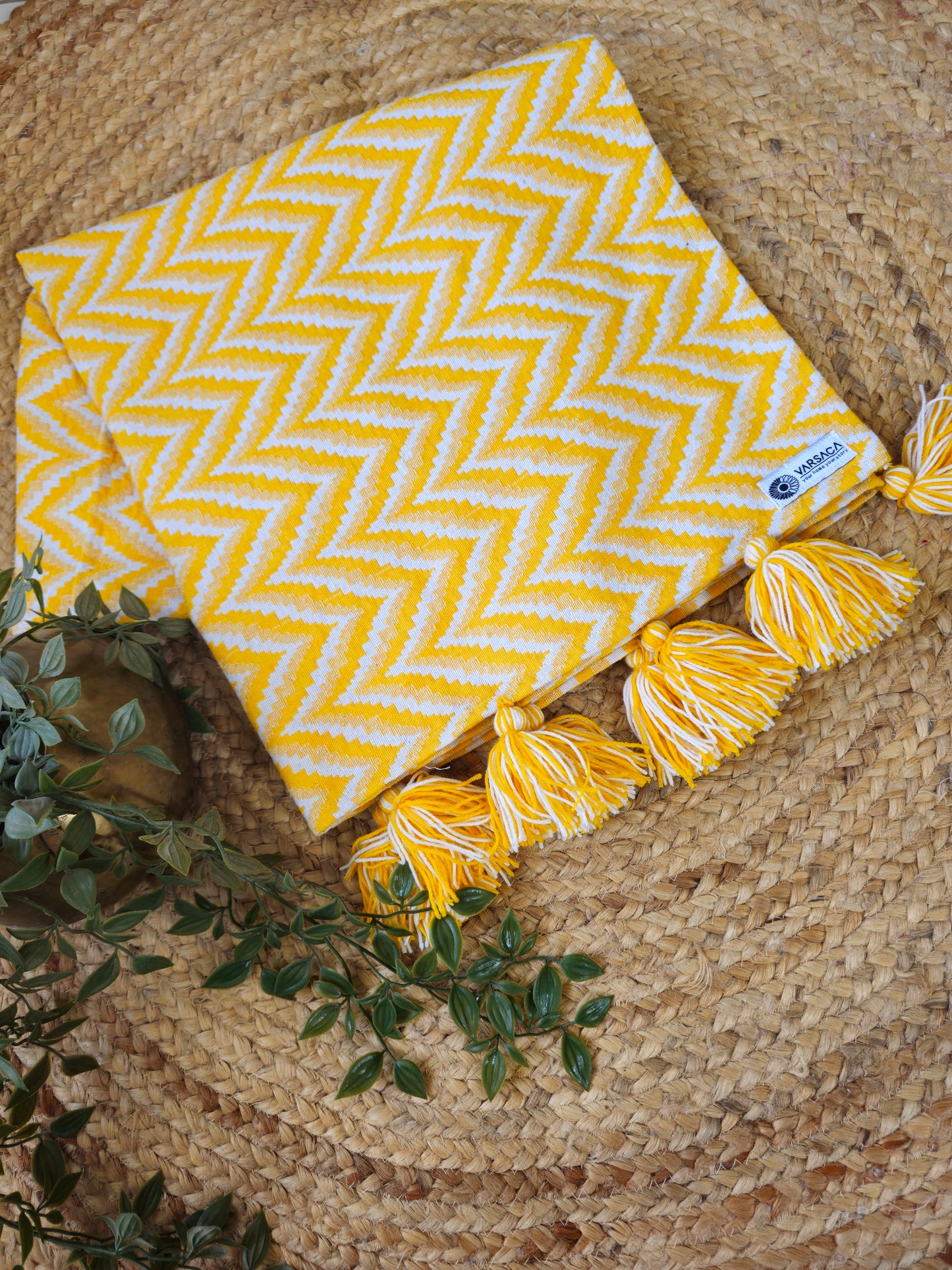 Thick Handloom Yellow and White Sofa Cover | Zig Zag Geometrical Pattern & Yellow and White Woollen Tassels