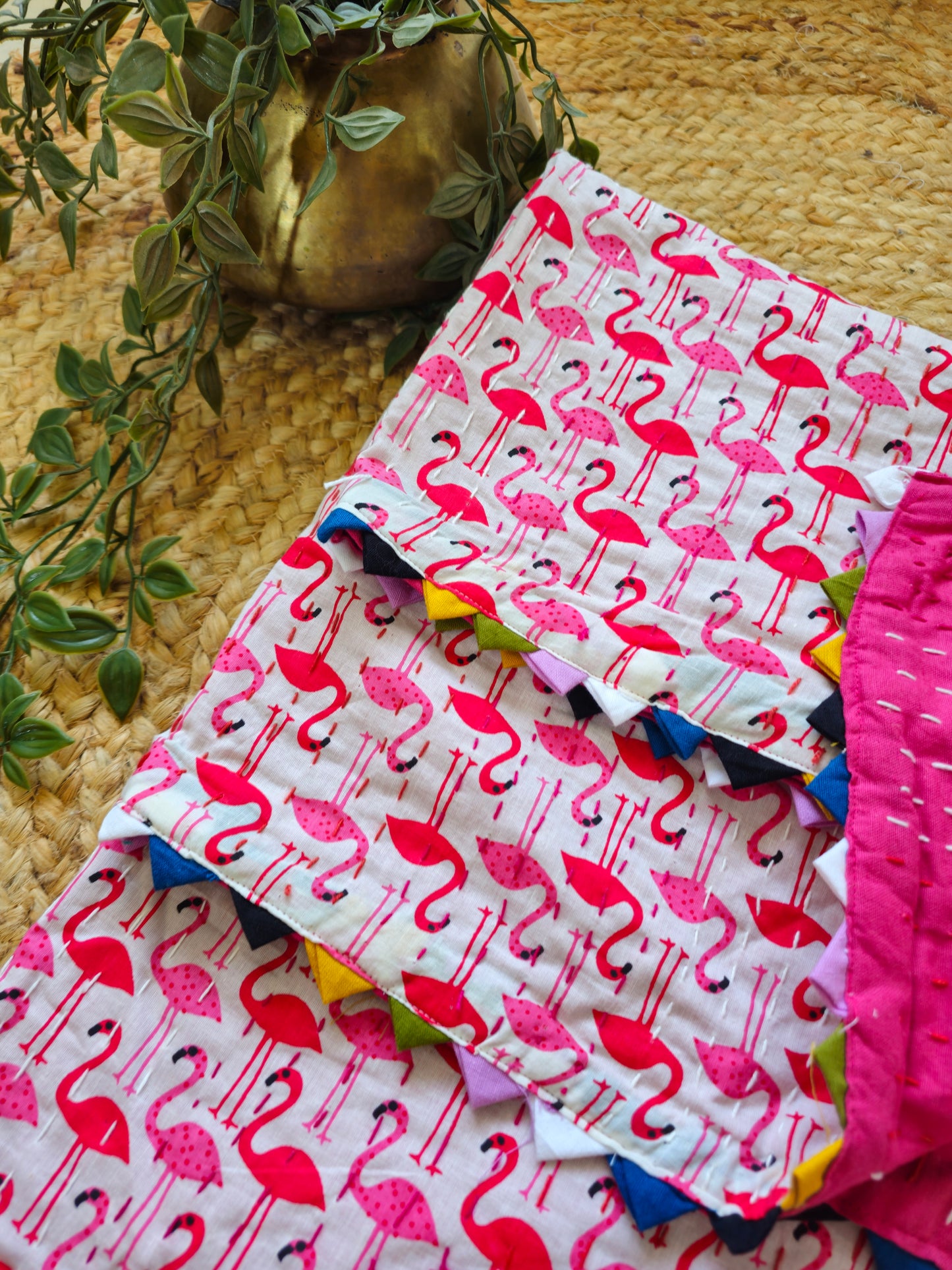 Handmade Kantha Baby Quilt | Pink Flamingo Print Reversible Cotton Blanket | Multicolour Triangle Border