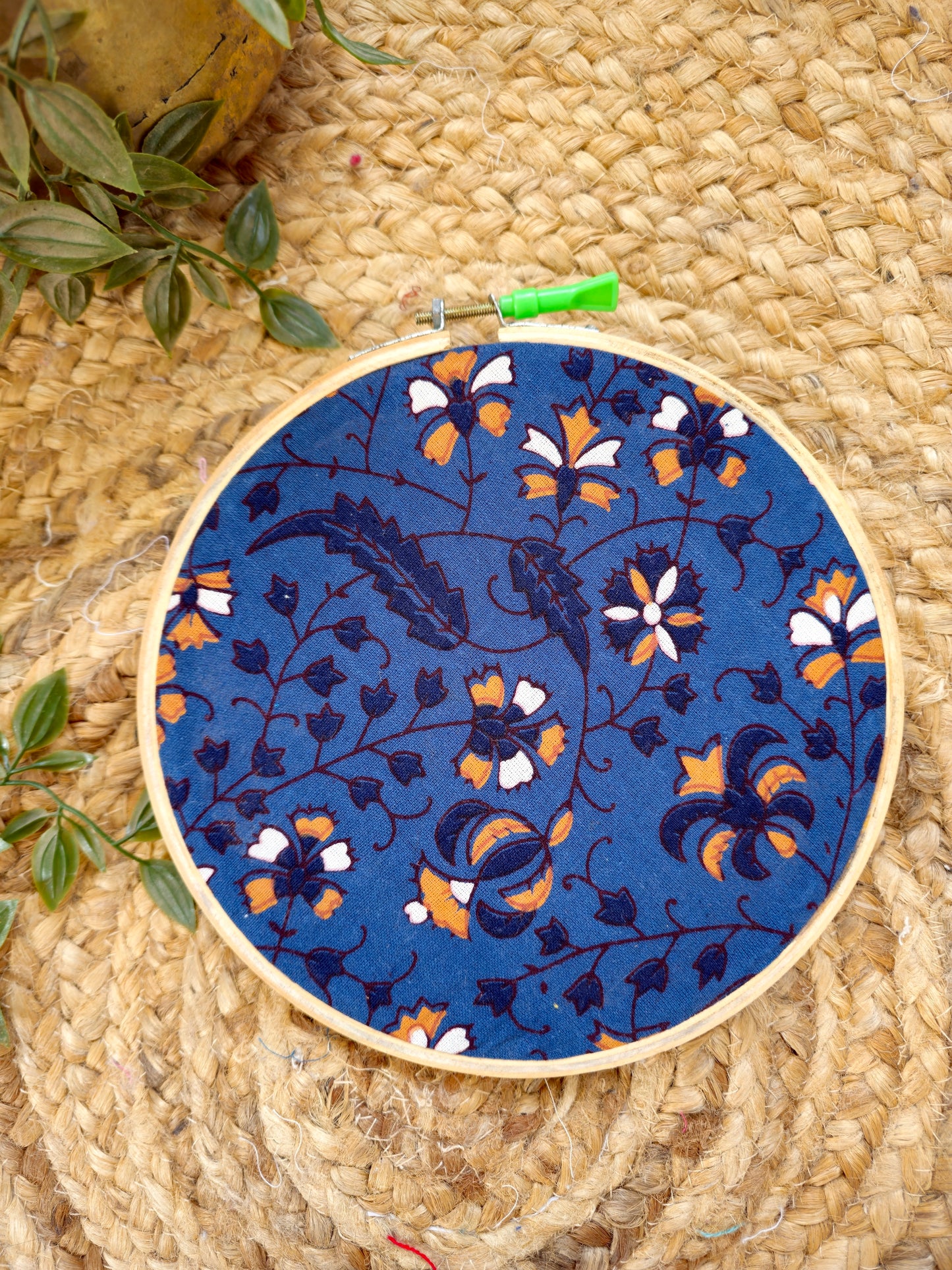 Indigo Blue Embroidery Hoop with Orange Floral Motifs – Upcycled Fabric | Multiple Sizes