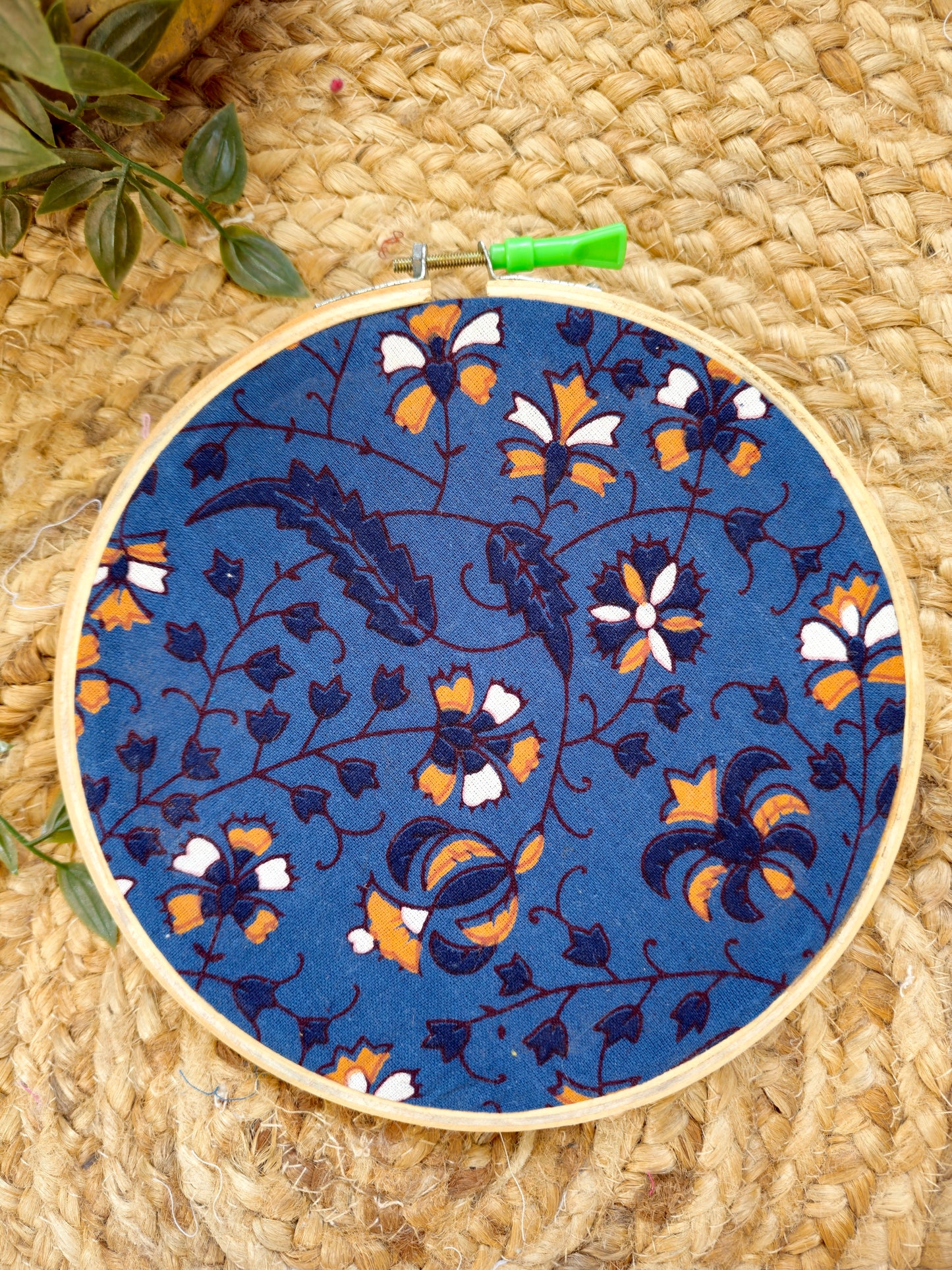 Indigo Blue Embroidery Hoop with Orange Floral Motifs – Upcycled Fabric | Multiple Sizes