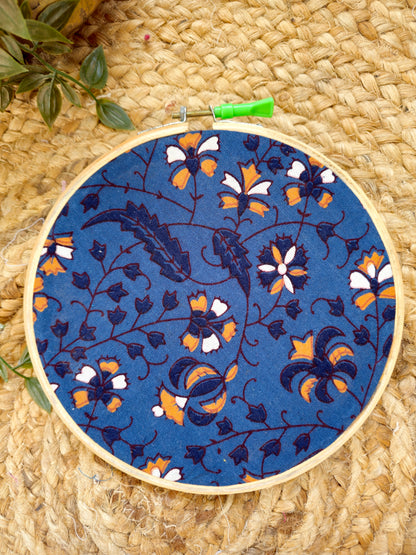 Indigo Blue Embroidery Hoop with Orange Floral Motifs – Upcycled Fabric | Multiple Sizes