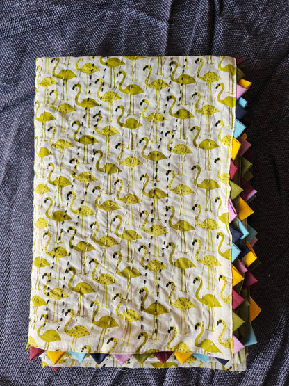 Green Flamingo Print Reversible Cotton Baby Quilt/Dohar Blanket | Multicolour Triangle Border | Handmade Kantha Baby Quilt