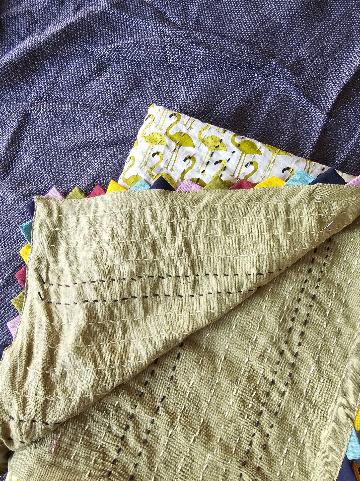 Green Flamingo Print Reversible Cotton Baby Quilt/Dohar Blanket | Multicolour Triangle Border | Handmade Kantha Baby Quilt