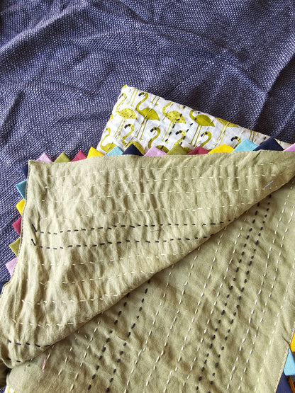 Green Flamingo Print Reversible Cotton Baby Quilt/Dohar Blanket | Multicolour Triangle Border | Handmade Kantha Baby Quilt