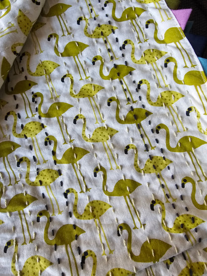 Green Flamingo Print Reversible Cotton Baby Quilt/Dohar Blanket | Multicolour Triangle Border | Handmade Kantha Baby Quilt