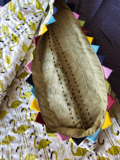 Green Flamingo Print Reversible Cotton Baby Quilt/Dohar Blanket | Multicolour Triangle Border | Handmade Kantha Baby Quilt