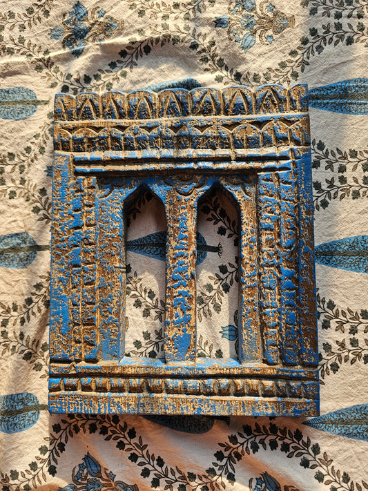 Vintage Blue Hand-Carved Wooden Jharokha | Traditional Rajasthani Wall Hanging Window Frame