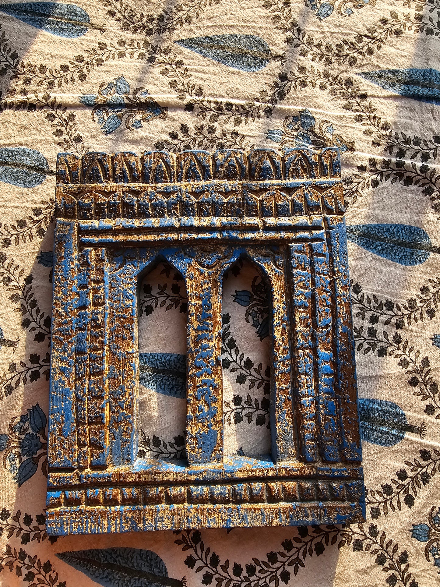 Vintage Blue Hand-Carved Wooden Jharokha | Traditional Rajasthani Wall Hanging Window Frame