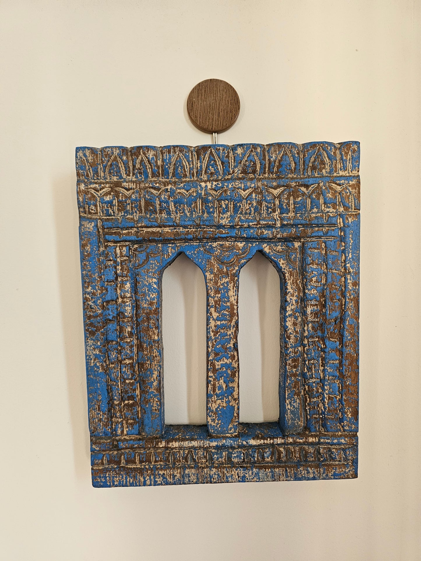 Vintage Blue Hand-Carved Wooden Jharokha | Traditional Rajasthani Wall Hanging Window Frame
