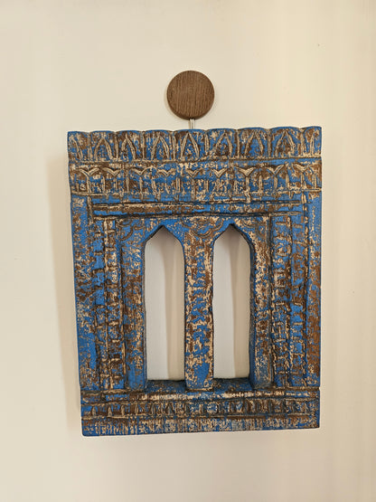 Vintage Blue Hand-Carved Wooden Jharokha | Traditional Rajasthani Wall Hanging Window Frame