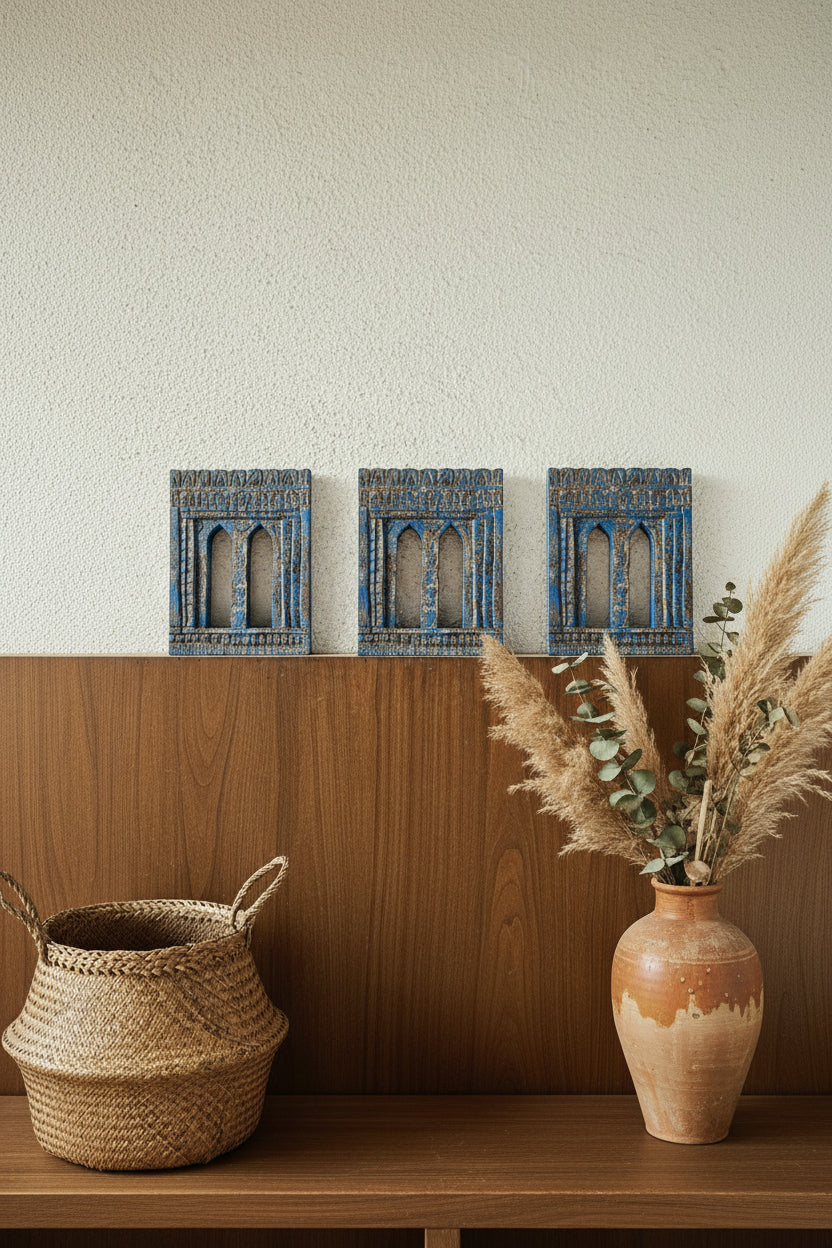 Vintage Blue Hand-Carved Wooden Jharokha | Traditional Rajasthani Wall Hanging Window Frame