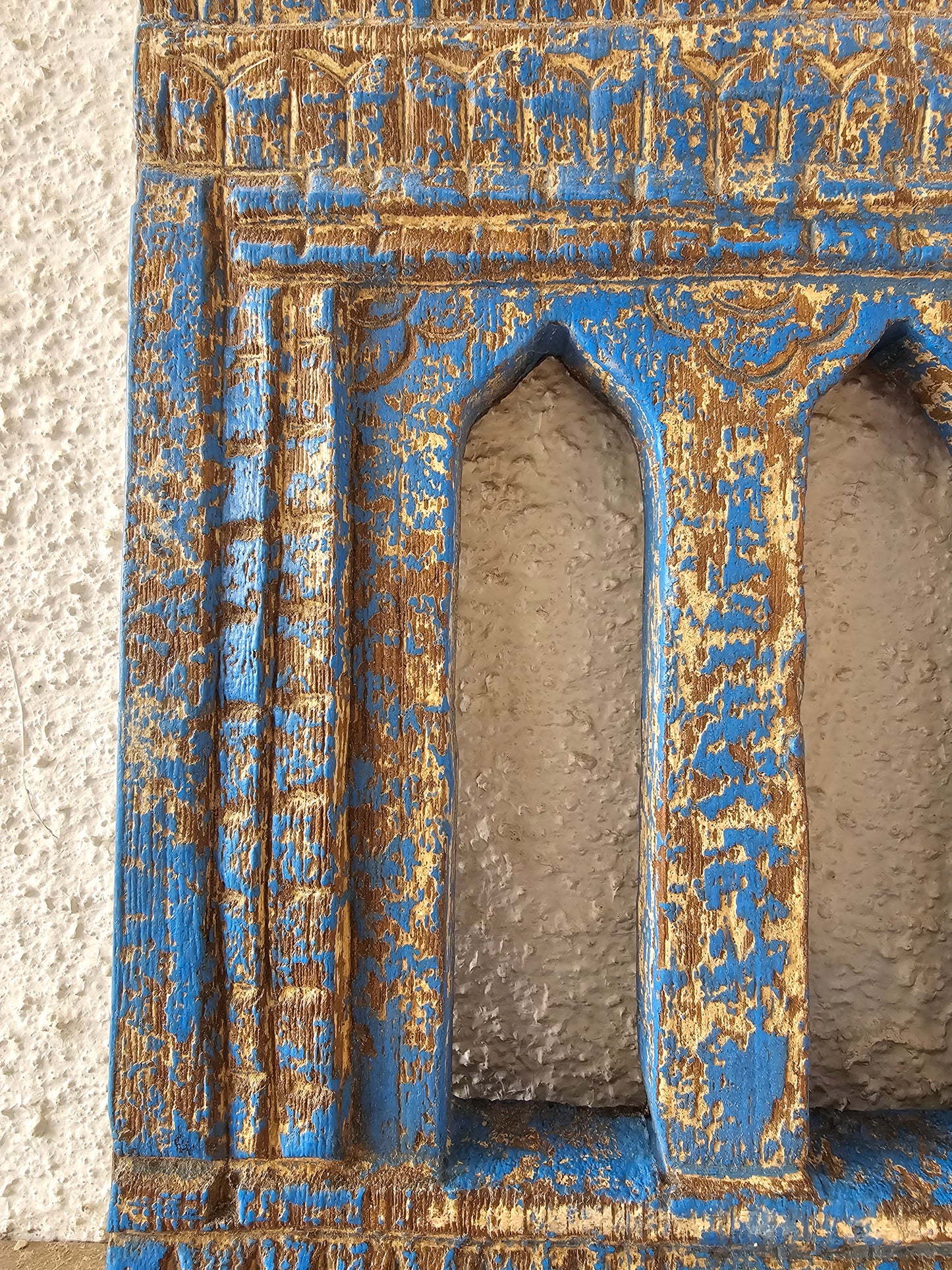 Vintage Blue Hand-Carved Wooden Jharokha | Traditional Rajasthani Wall Hanging Window Frame