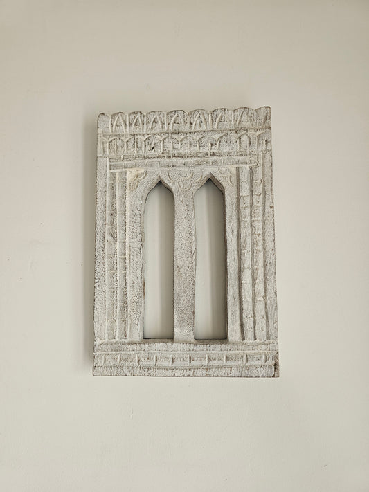 Vintage White Hand-Carved Wooden Jharokha | Traditional Rajasthani Wall Hanging Window Frame