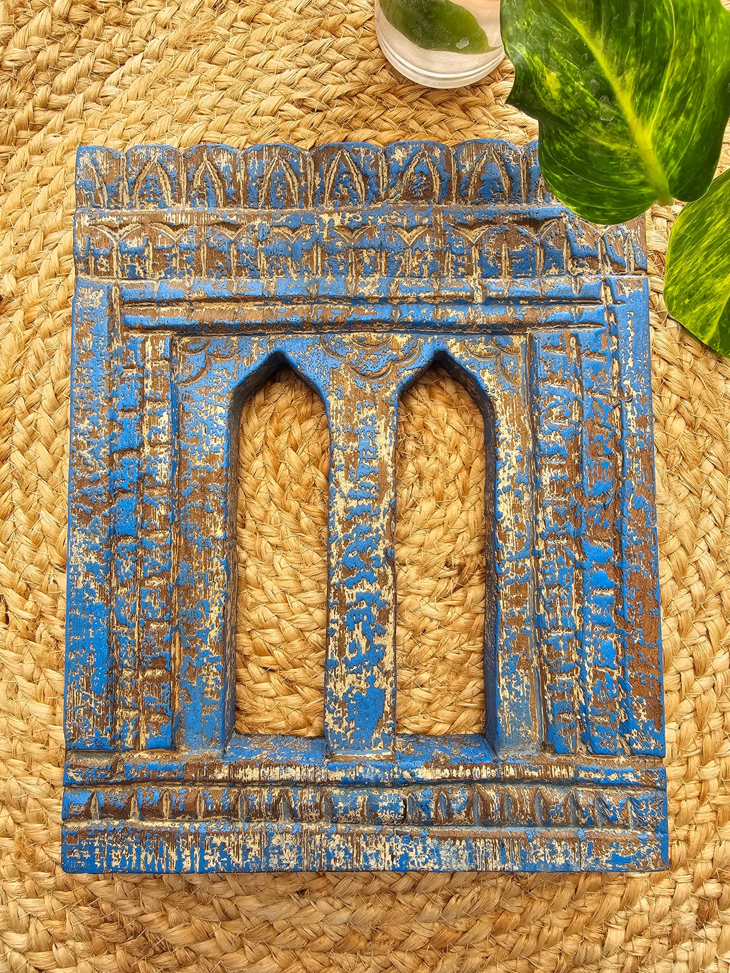 Vintage Blue Hand-Carved Wooden Jharokha | Traditional Rajasthani Wall Hanging Window Frame