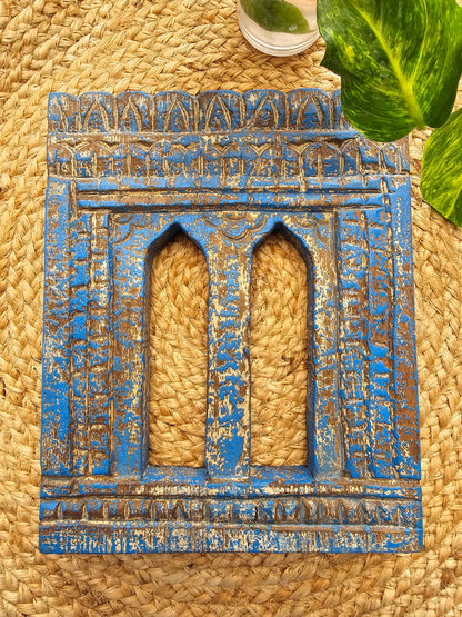 Vintage Blue Hand-Carved Wooden Jharokha | Traditional Rajasthani Wall Hanging Window Frame