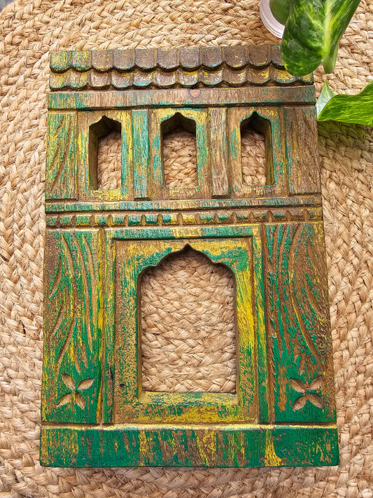 Vintage Green Hand-Carved Wooden Jharokha | Traditional Rajasthani Wall Hanging Window Frame