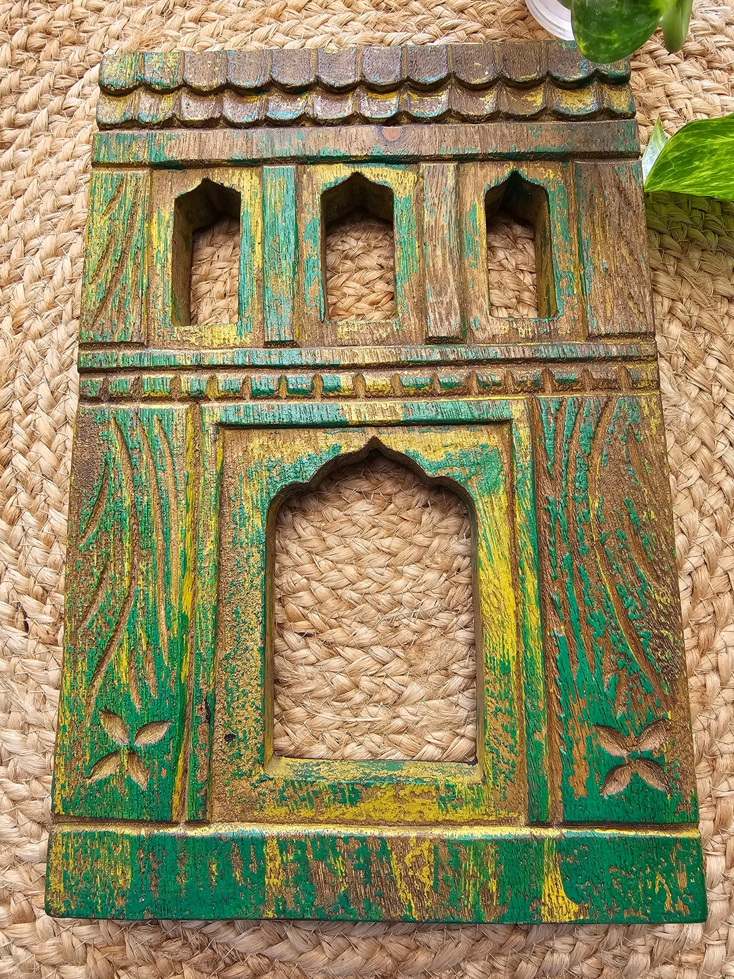 Vintage Green Hand-Carved Wooden Jharokha | Traditional Rajasthani Wall Hanging Window Frame