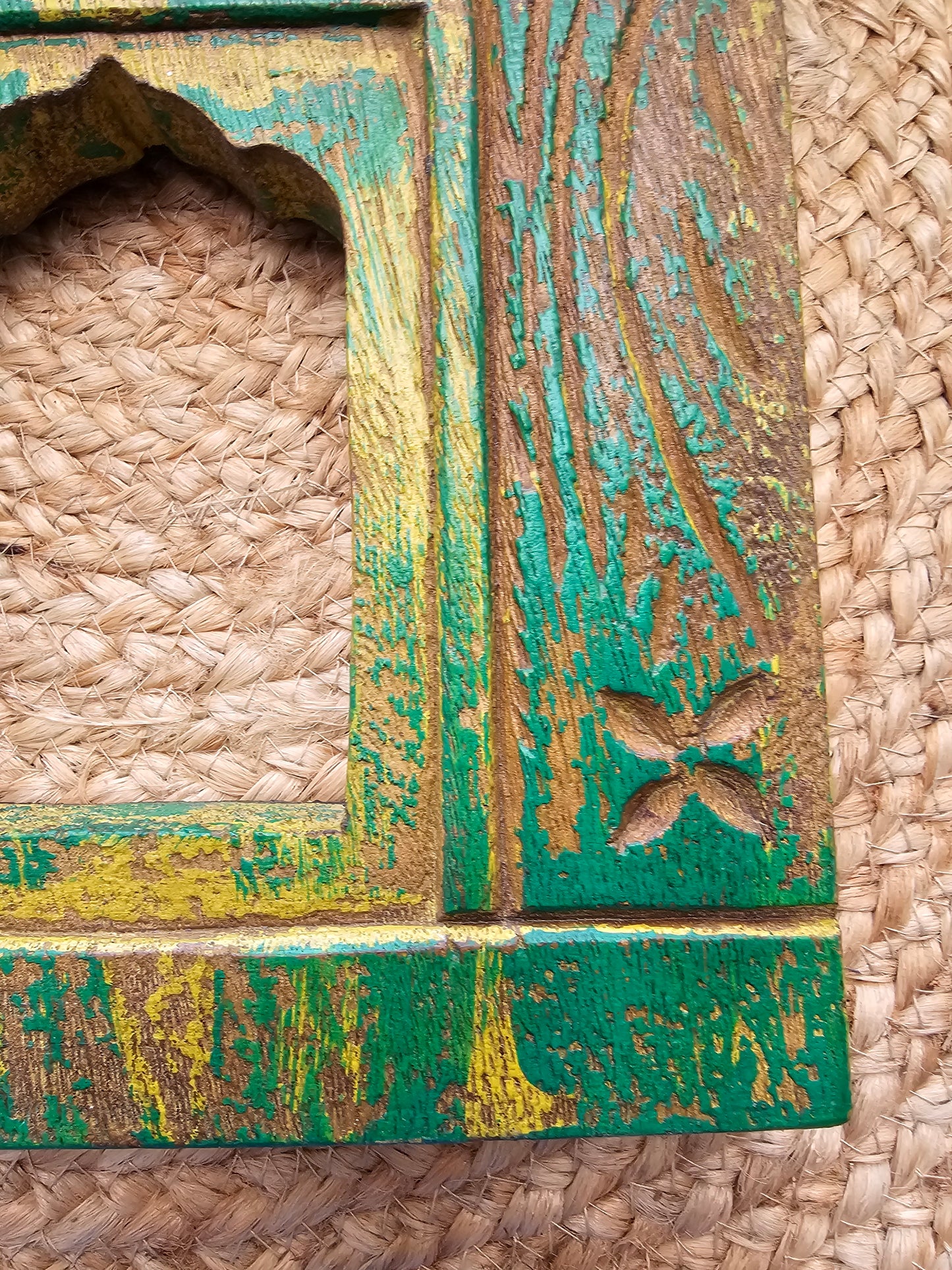 Vintage Green Hand-Carved Wooden Jharokha | Traditional Rajasthani Wall Hanging Window Frame